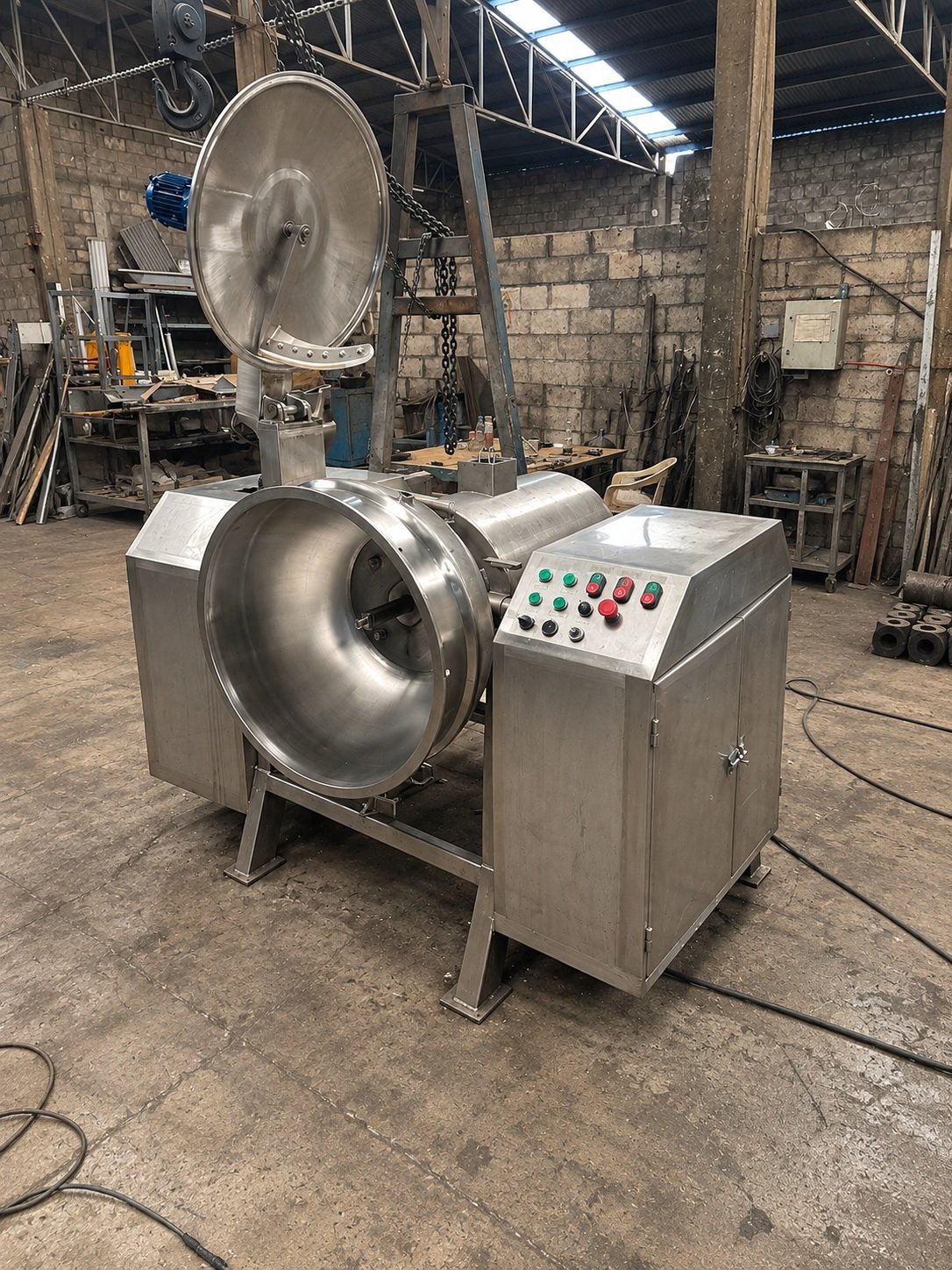 Equipo Stephan KIN-ROD de gran tamaño con tapa superior abierta mostrando el tazón interior, tablero de control lateral con botonera de operación y gabinete de acero inoxidable, instalado en taller