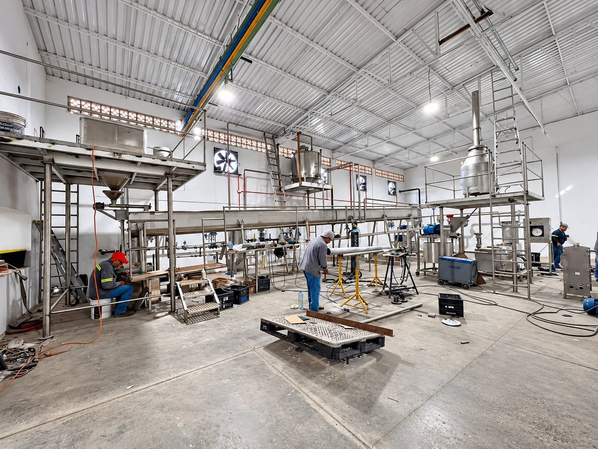 Instalación industrial KIN-ROD en planta de proceso de la industria alimentaria con estructura metálica, mezzanines, tanques de acero inoxidable, tuberías y operadores integrando la línea de proceso