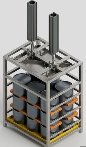 Estante industrial KIN-ROD con estructura metálica y entrepaños de madera con contenedores cilíndricos grises, base amarilla y columnas superiores de aluminio