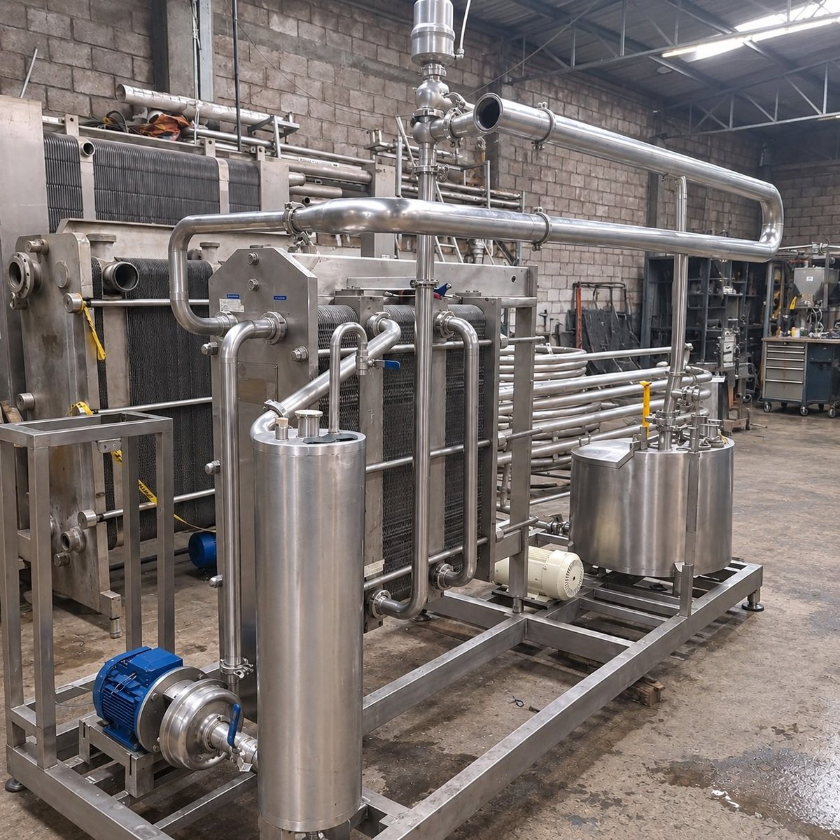 Equipo auxiliar KIN-ROD de acero inoxidable con bomba sanitaria, tuberías de proceso y conexiones montadas sobre estructura de soporte en planta de pasteurización